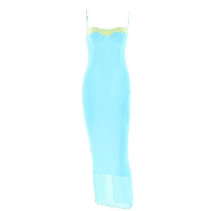 Lace hem patchwork mesh slit cami midi dress