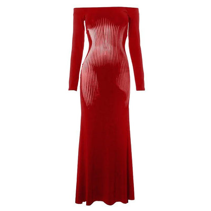 Long sleeve off shoulder print contrast maxi dress