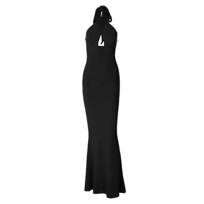 Cross front solid hollow out halter backless 2-way cut out maxi dress-final-sale