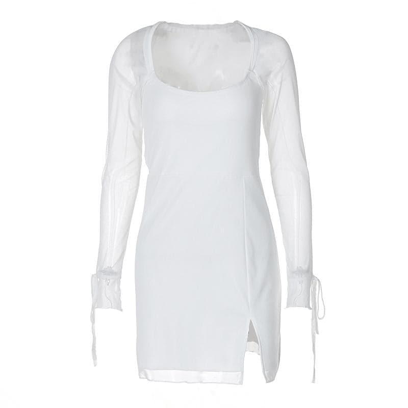 Long sleeve slit mesh square neck mini dress