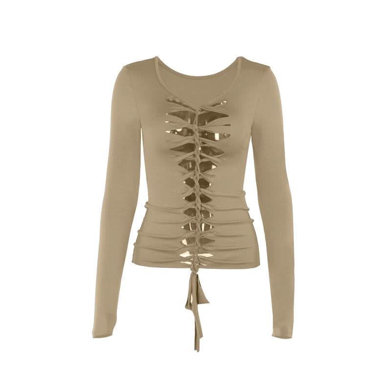 Long sleeve hollow out v neck self tie solid cut out top