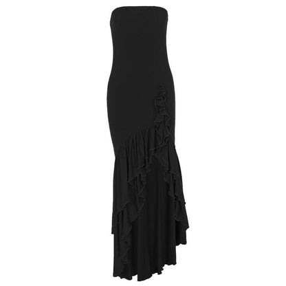 Ruffle ruched irregular solid tube maxi dress
