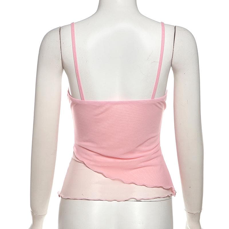 Bowknot lace v neck mesh irregular cami top