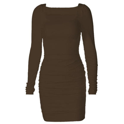 Long sleeve solid square neck ruched mini dress