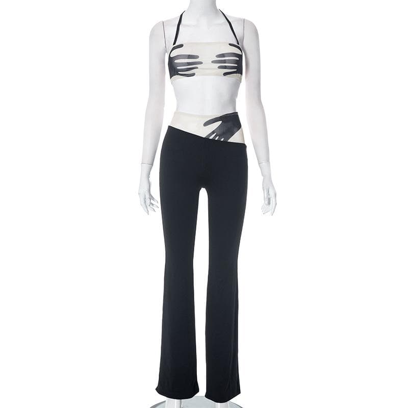 Halter backless mesh patchwork contrast palm pattern pant set