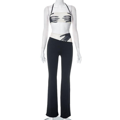 Halter backless mesh patchwork contrast palm pattern pant set