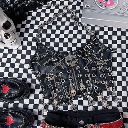 Halter metal chain PU leather skull applique zip-up top