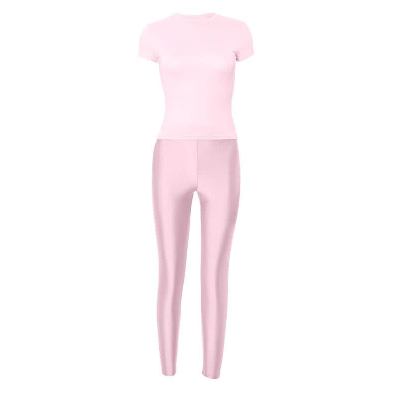 Short sleeve crewneck high rise solid pant set