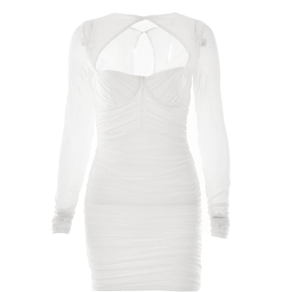 Hollow out ruched mesh long sleeve zip-up button cut out mini dress