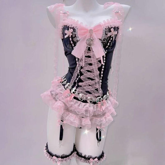 Ruffle bowknot v neck skull applique self tie cami top