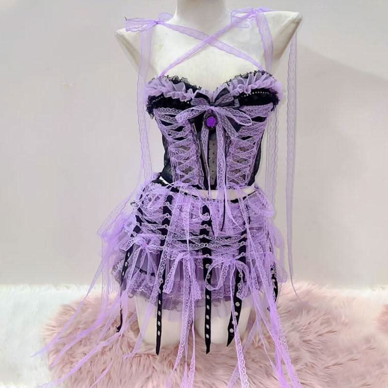 Cross front lace hem bowknot self tie mini skirt set