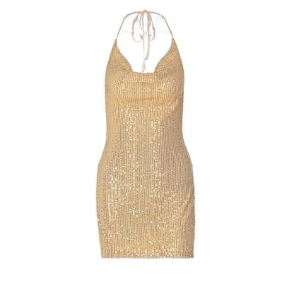 Glitter cowl neck halter slit backless mini dress-final-sale