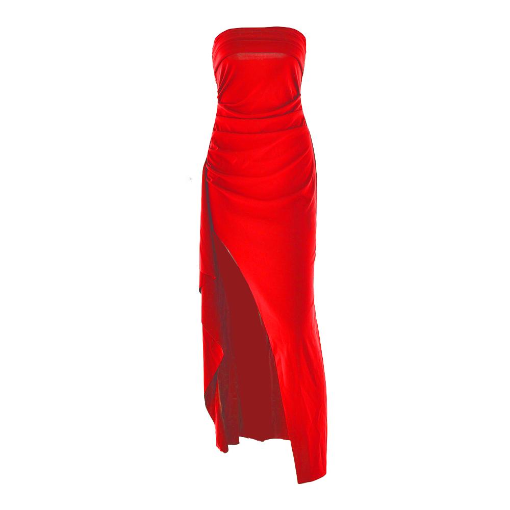 Ruched high slit irregular ruffle tube maxi dress