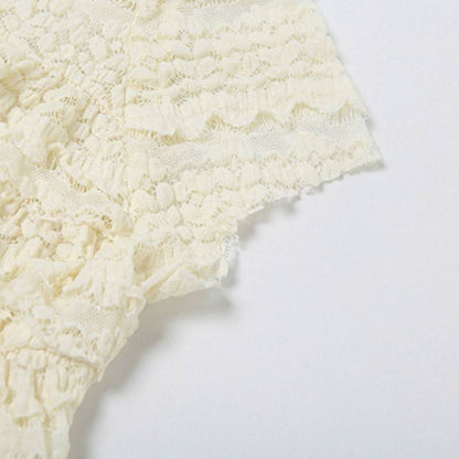 Crewneck ruffle lace ruched cap sleeve pant set