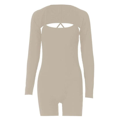 Solid ribbed cross back long sleeve shrug romper