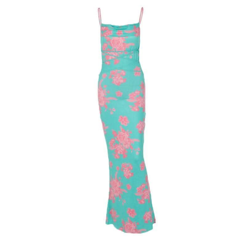 Flower print self tie cowl neck backless cami maxi dress-final-sale