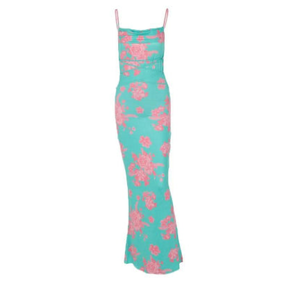 Flower print self tie cowl neck backless cami maxi dress-final-sale