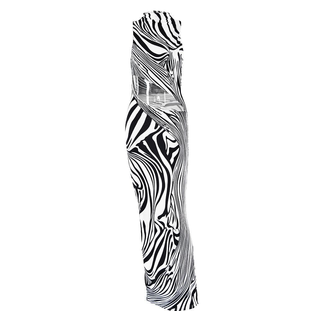 Zebra print hollow out high neck cut out maxi dress