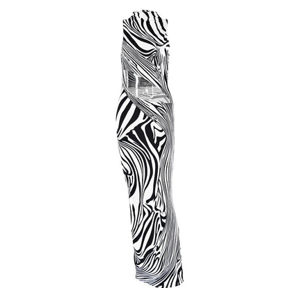 Zebra print hollow out high neck cut out maxi dress