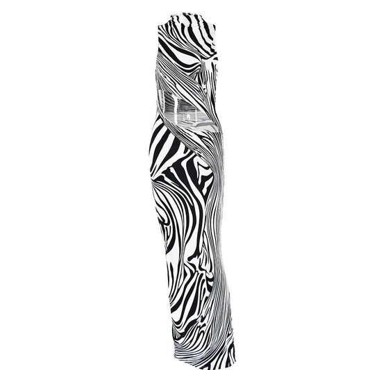 Zebra print hollow out high neck cut out maxi dress