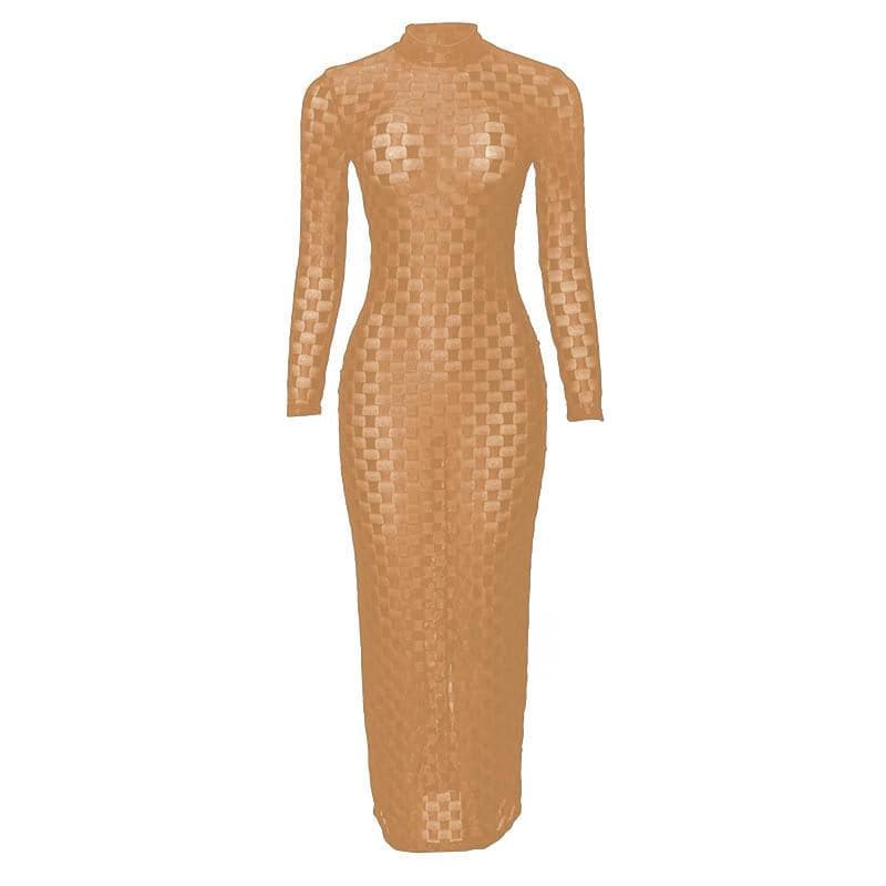 Mock Neck Long Sleeve Sheer Mesh Checkerboard Print Bodycon Maxi Dress