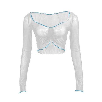 Long sleeve stitch sheer mesh ruffle crop top