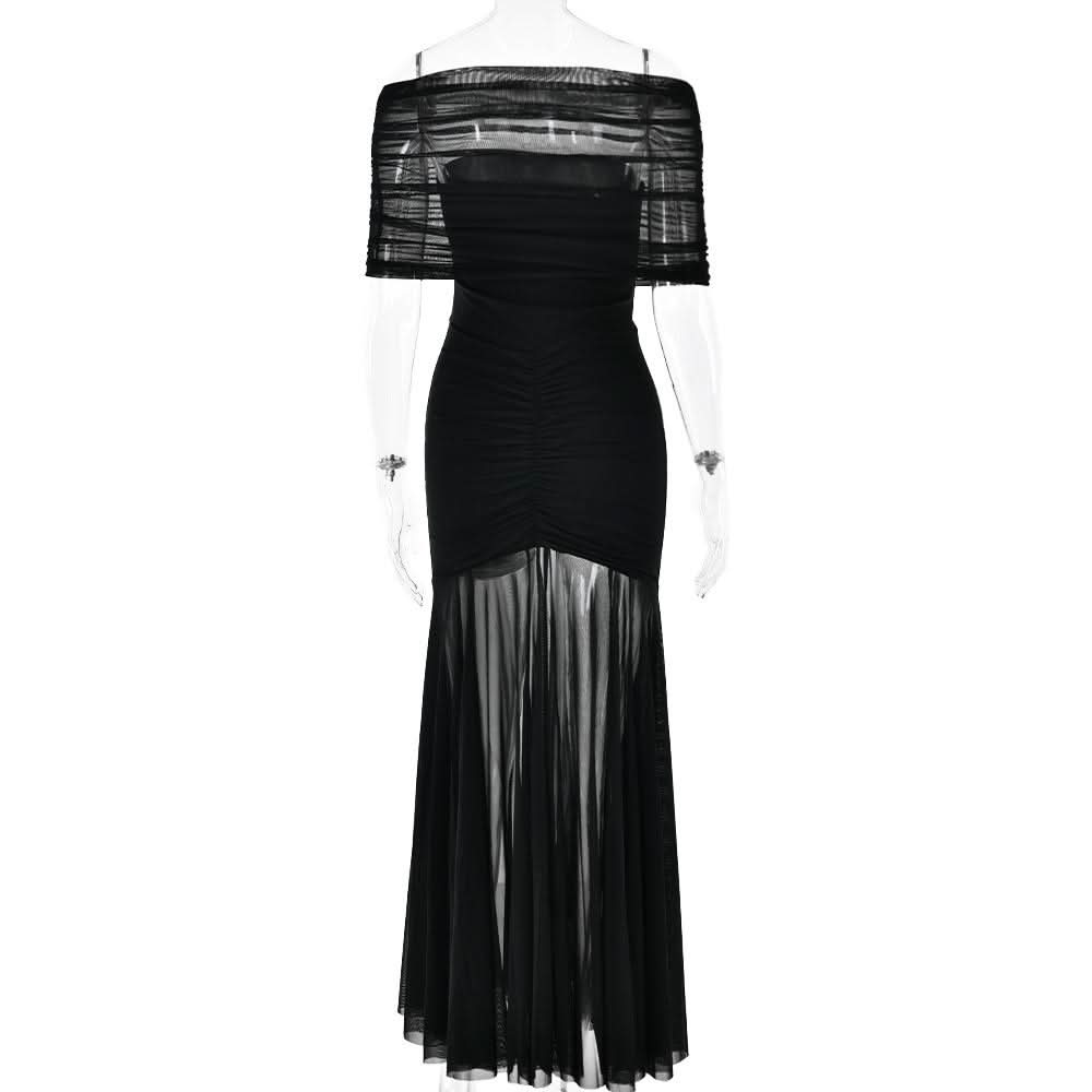 Off shoulder ruched mesh patchwork solid maxi dress