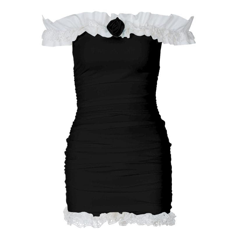 Off shoulder lace hem rose applique 2 piece mini dress