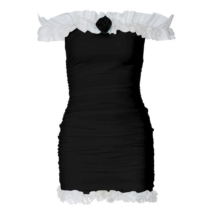 Off shoulder lace hem rose applique 2 piece mini dress