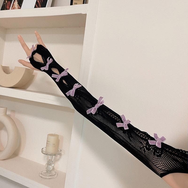 Lace bowknot hollow out contrast gloves
