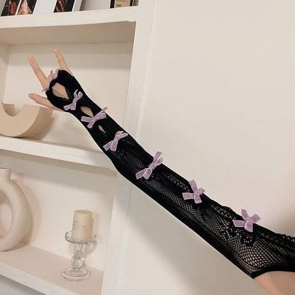 Lace bowknot hollow out contrast gloves