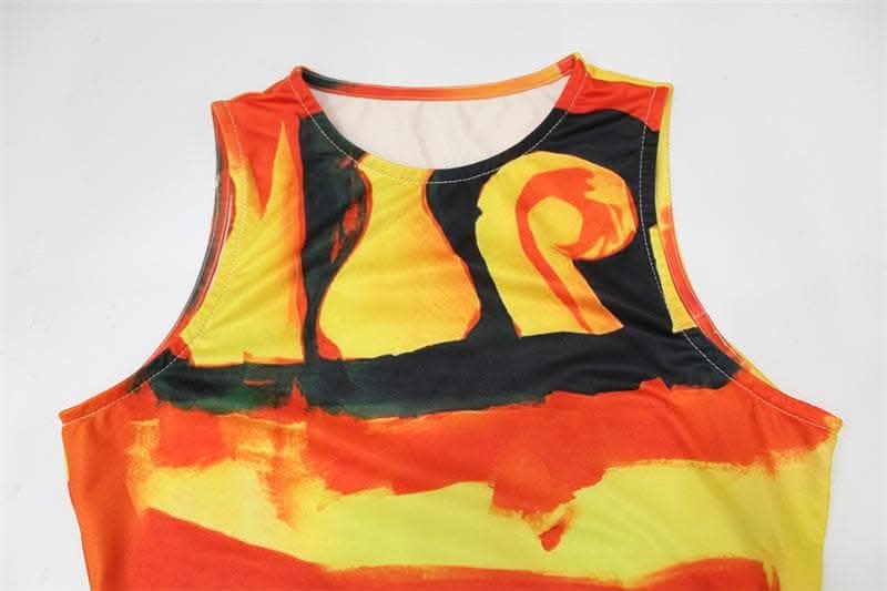 Crewneck sleeveless contrast print slit maxi dress-final-sale