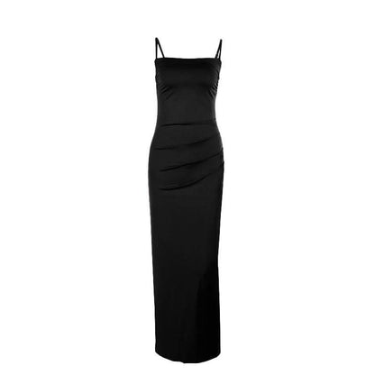 Ruched slit square neck solid cami maxi dress