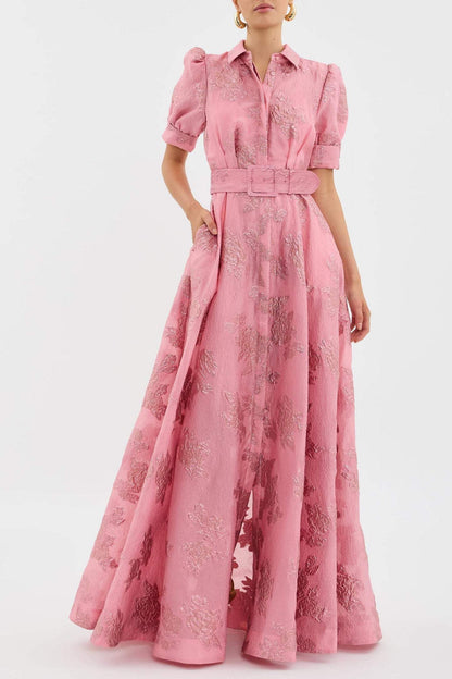 The Anabella — Jacquard Maxi Dress with Puff Sleeves