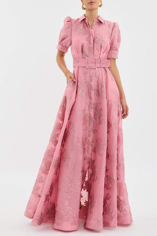 The Anabella — Jacquard Maxi Dress with Puff Sleeves
