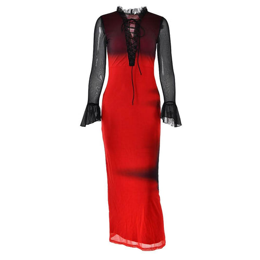 Long flared sleeve ruffle lace up mesh midi dress