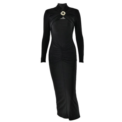 Hollow out long sleeve ruched slit solid cut out midi dress