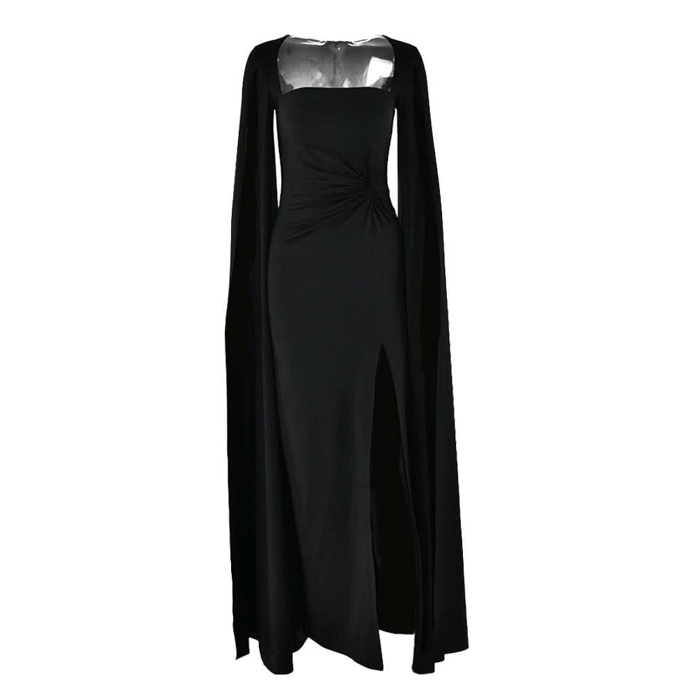 Long sleeve high slit square neck ruched maxi dress