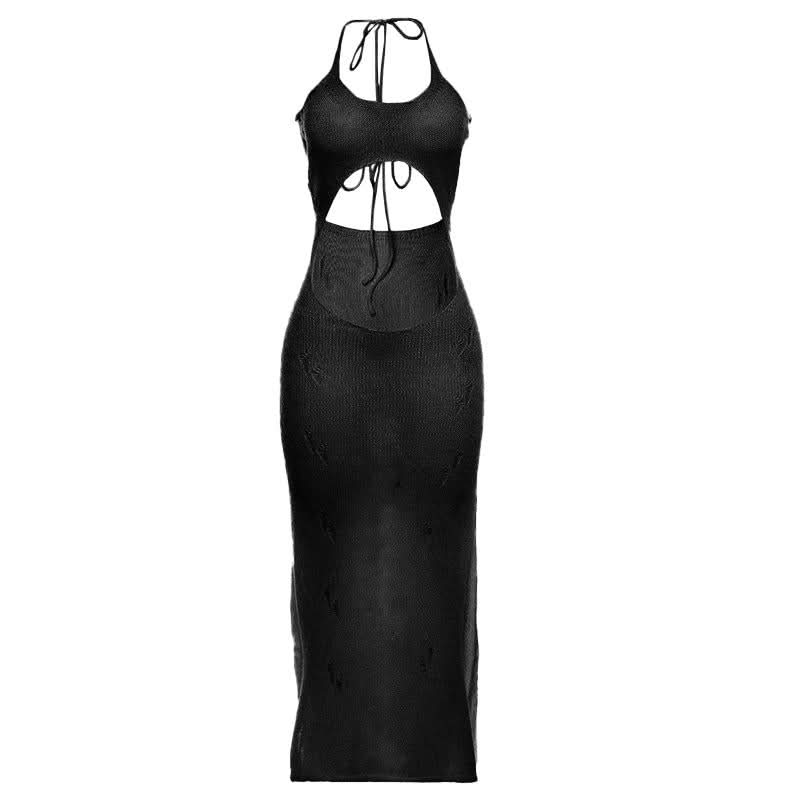 Self tie halter hollow out see through knitted cut out maxi dress