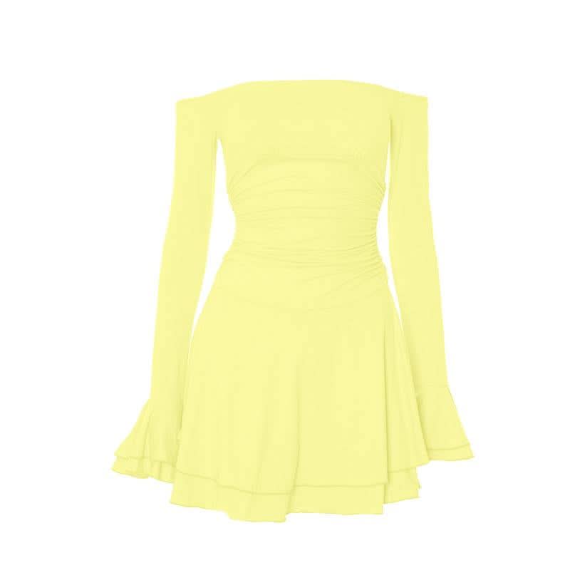 Off shoulder long flared sleeve ruched ruffle mini dress