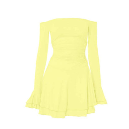 Off shoulder long flared sleeve ruched ruffle mini dress