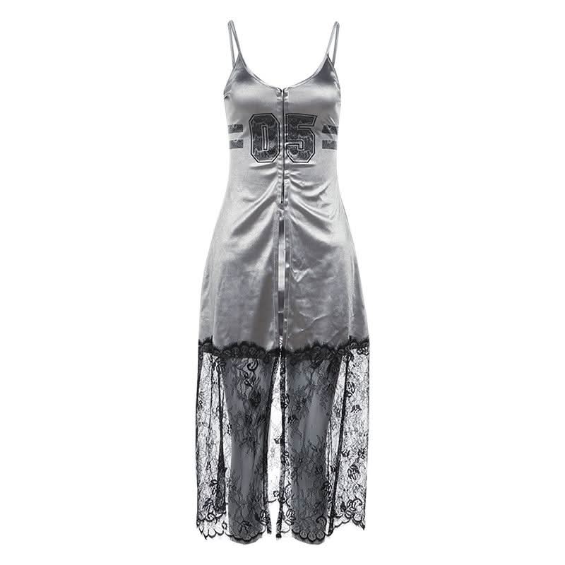 U neck button high slit lace hem patchwork cami top