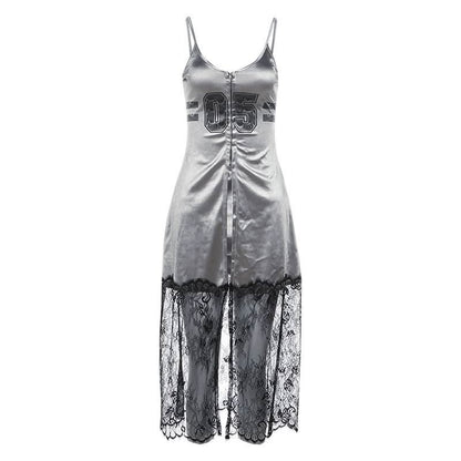 U neck button high slit lace hem patchwork cami top