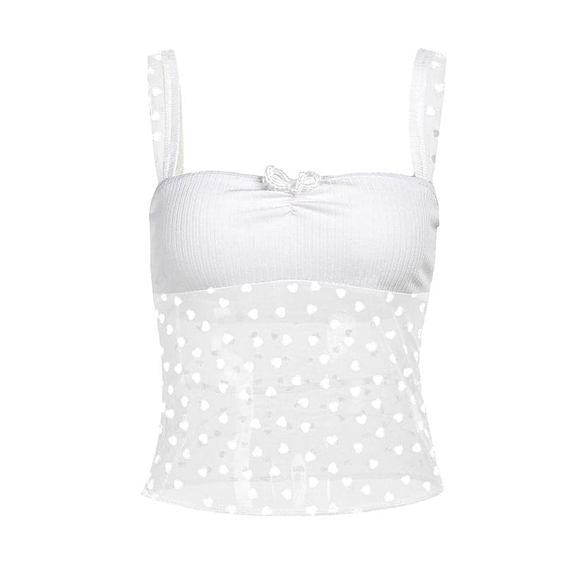 Bowknot ruched heart print mesh cami top