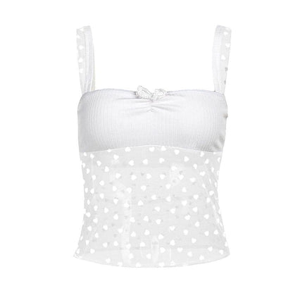 Bowknot ruched heart print mesh cami top