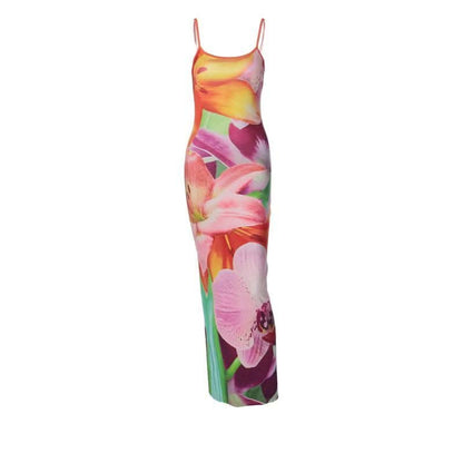 Flower print contrast u neck backless slit cami maxi dress-final-sale