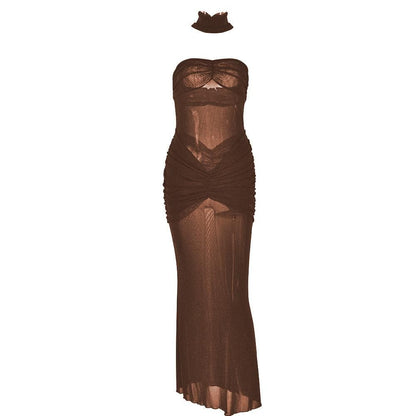Sweetheart neck ruched see through glitter tube maxi dress