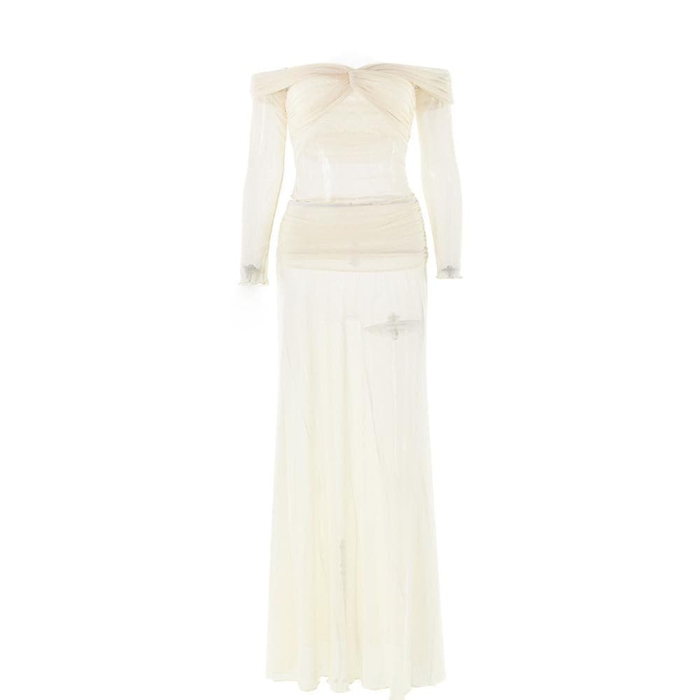 Long sleeve off shoulder sheer mesh maxi skirt set