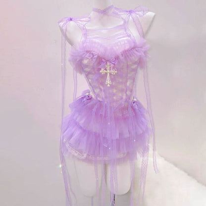 Ruched lace hem self tie ruffle bowknot mini dress