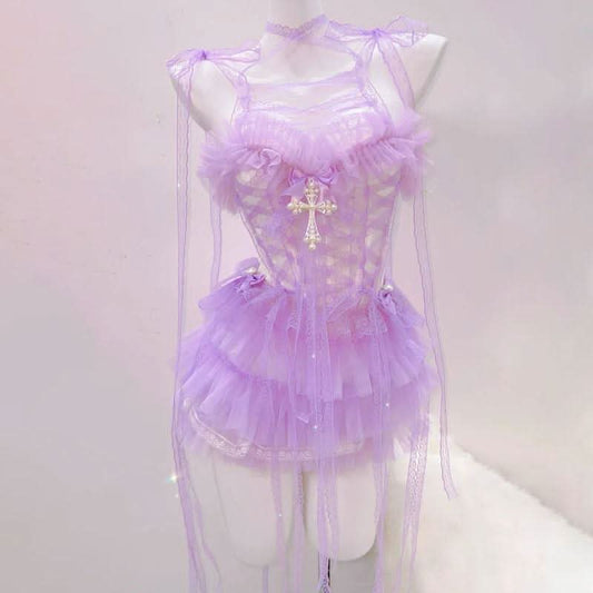 Ruched lace hem self tie ruffle bowknot mini dress